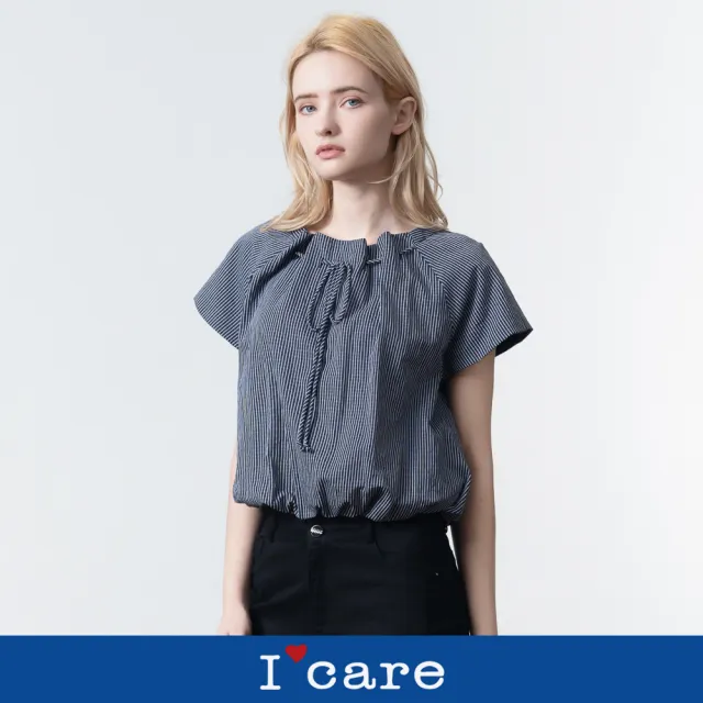 【I’Care 依卡】現貨-微澎袖抽繩綁帶短袖上衣（F）｜女短袖上衣 氣質穿搭 休閒上衣(607-17001)