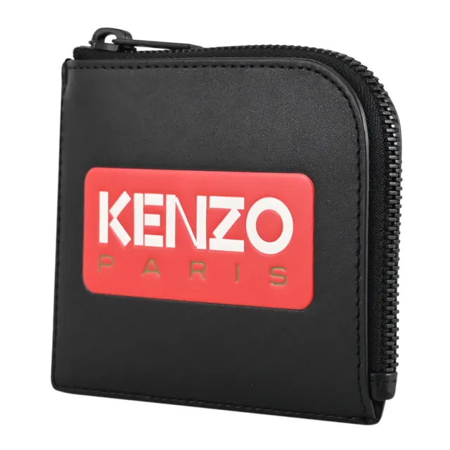 【KENZO】品牌壓印LOGO皮革L型拉鍊鈔票零錢包(黑)