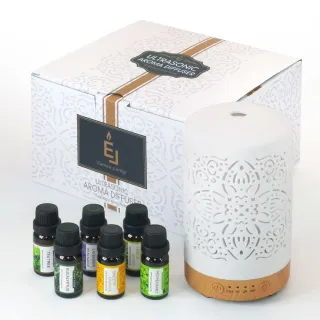【Earnest Living】陶瓷鏤空水氧機精油禮盒 100ml(含精油10mlx6入/送禮首選/加濕器/薰香機/香氛機/水氧機)
