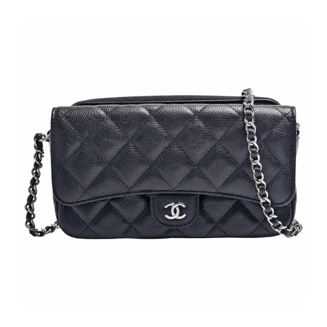 【CHANEL 香奈兒】經典金屬銀釦雙C LOGO菱格粒紋牛皮雙層斜背包(黑色AP2096C-BLK-SS)
