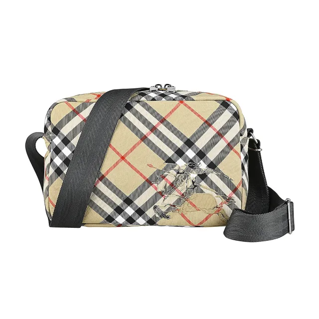 【BURBERRY 巴寶莉】BURBERRY 戰馬拼布LOGO格紋帆布雙拉鍊斜背包(淺褐)