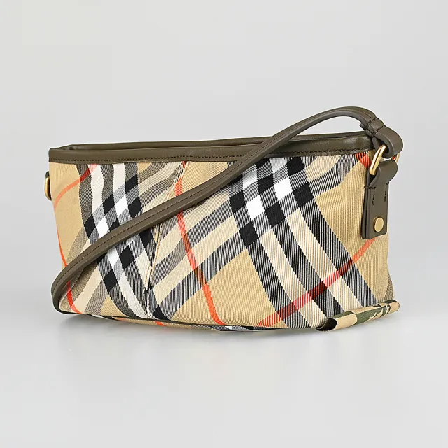 【BURBERRY 巴寶莉】BURBERRY 內燙印LOGO斜格紋棉織布搭小羊皮拉鍊肩背包(淺褐)