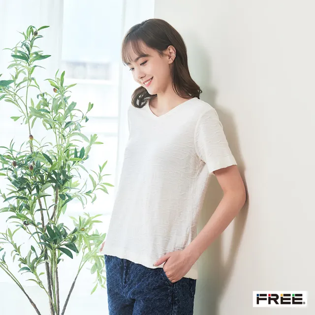 【FREE】純棉條紋立體緹花雙層細捲V領上衣(3色)