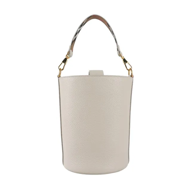 【BURBERRY 巴寶莉】金色Logo 素面粒紋牛皮小款水桶包(石灰白)