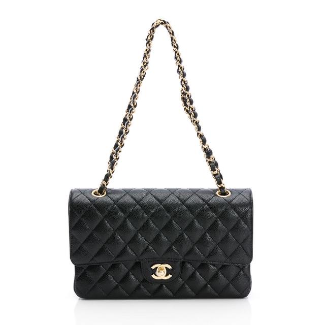 【CHANEL 香奈兒】Classic Flap bag Medium粒面/中型菱格/金黑雙色鏈帶-25cm(黑)