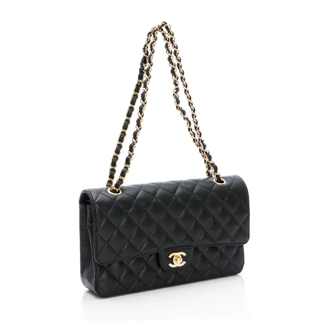 【CHANEL 香奈兒】Classic Flap bag Medium粒面/中型菱格/金黑雙色鏈帶-25cm(黑)