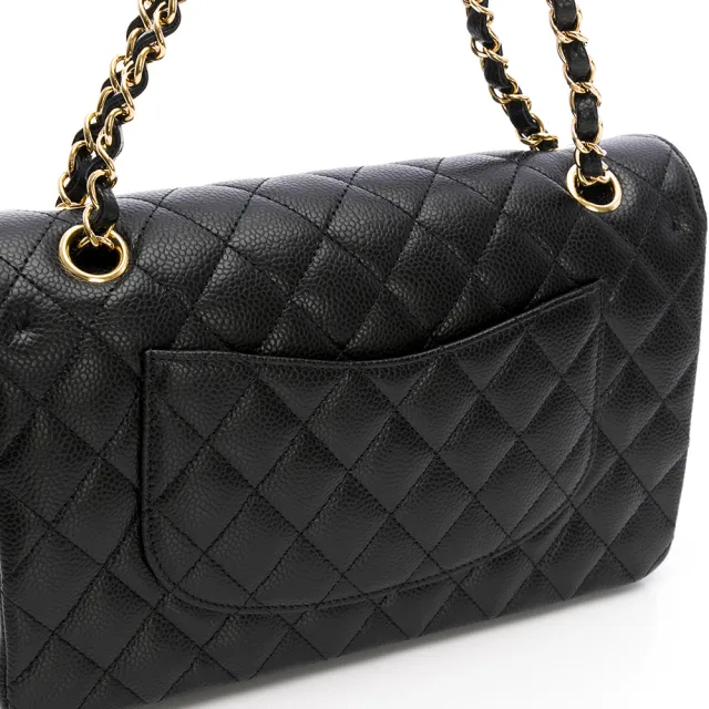 【CHANEL 香奈兒】Classic Flap bag Medium粒面/中型菱格/金黑雙色鏈帶-25cm(黑)