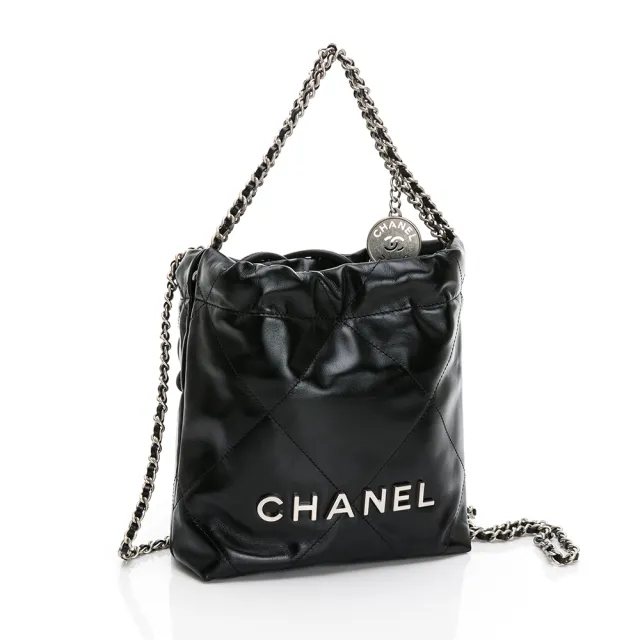 【CHANEL 香奈兒】22 Mini Bag 仿舊銀色金屬logo菱格縫線小牛皮斜背包/肩背包(黑/銀)『entrupy安心購』