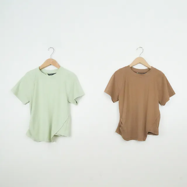 【MASTINA】幾何剪裁抽皺斜擺短T短袖上衣(綠 咖/魅力商品)