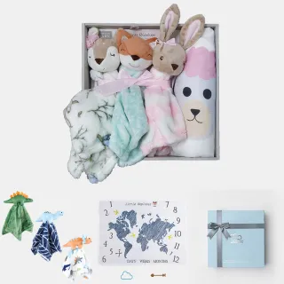 【Hudson Baby】彌月禮盒組-繽紛童趣嬰兒安撫巾+包巾4件組(安撫娃娃寶寶玩具玩偶/寶寶學習/觸覺刺激)