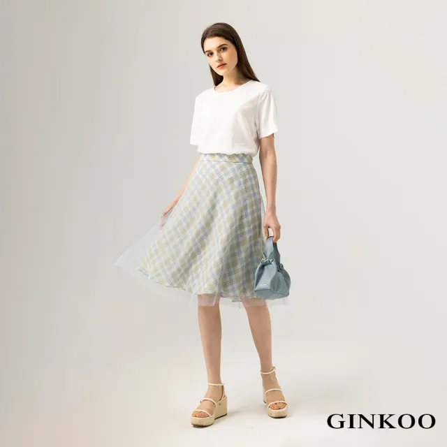 【GINKOO 俊克】A字格紋網紗長裙