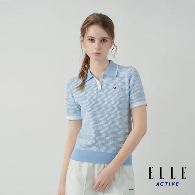 【ELLE ACTIVE】女款 清新條紋針織POLO領短袖上衣-淺藍色(EA25S1W5107-31)