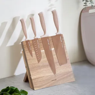 【NEOFLAM】鈦金刀具5件組(含磁吸摺疊刀座/8吋主廚刀/6.5吋菜刀/5吋三德刀/3.5吋萬用刀)