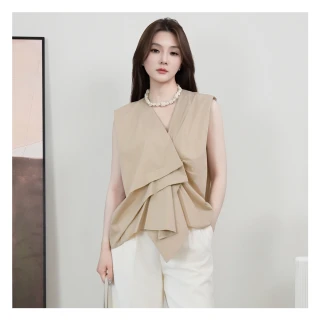 【Jessica Red】氣質設計感皺褶V領無袖襯衫上衣R53301（卡其）