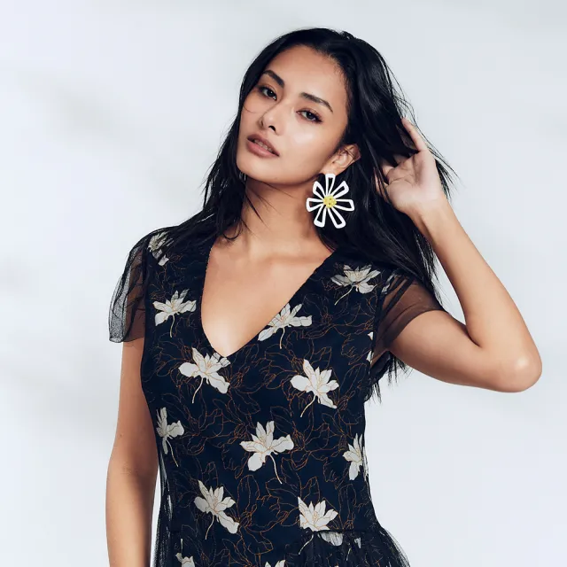 【ICHE 衣哲】Cop.Copine 法國原裝進口刺繡花卉紋理翻領無袖長版洋裝