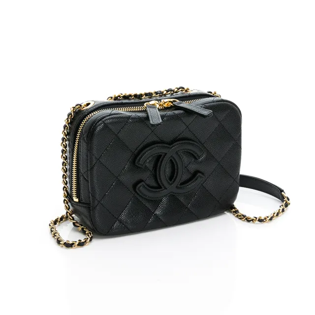 【CHANEL 香奈兒】經典雙C LOGO菱格紋小牛皮鏈帶相機包/斜背包(黑色/金鍊)