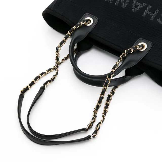 【CHANEL 香奈兒】23B Deauville 經典雙C LOGO藤織帆布金鍊手提肩背沙灘/托特包(黑色)