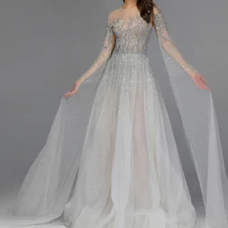 【女神婚紗禮服】高端U領長披肩宴會晚禮服LA60869(訂婚 結婚)