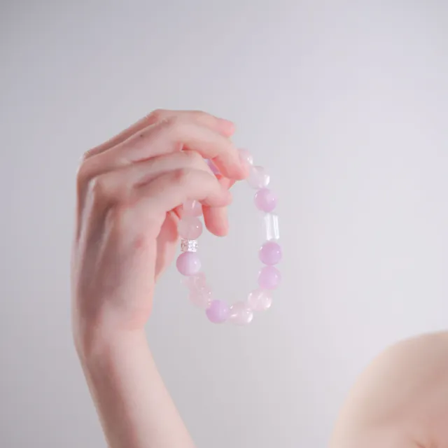 【天天水晶 TINGTING】粉晶x紫鋰輝x桶珠熊熊12mm設計款水晶手鍊 A120003