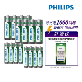 【Philips 飛利浦】低自放鎳氫充電電池3號4入*2+4號4入*2(贈USB 4槽智慧型充電器)