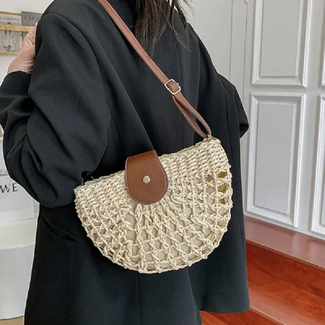 【米蘭精品】雙11優惠 女草編包手提包渡假單肩側背包大容量藤編織包包(鏤空半圓2色t1ly60)