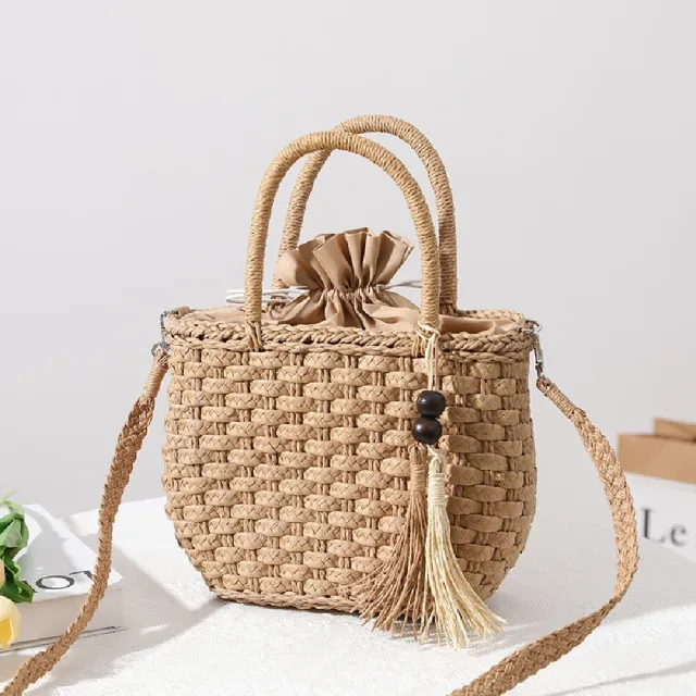 【米蘭精品】現貨+預購 女草編包手提包渡假單肩側背包大容量藤編織包包(木珠流蘇斜挎2色t1ly66)