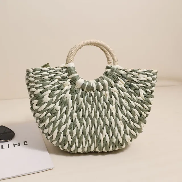 【米蘭精品】現貨+預購 女草編包手提包渡假單肩側背包大容量藤編織包包(手提月亮5色t1ly50)