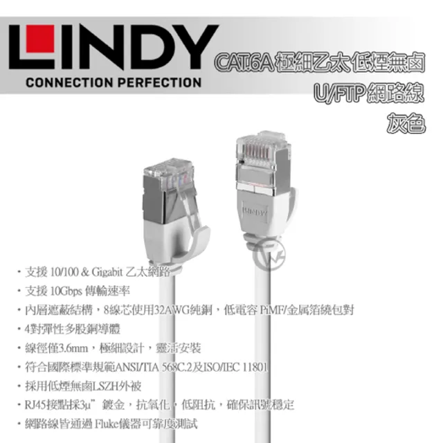 【LINDY 林帝】LINDY 林帝 CAT.6A 極細乙太 低煙無鹵 網路線 U/FTP 灰色 5m 47596