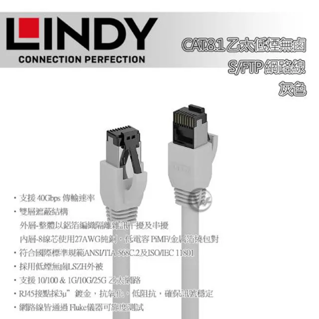 【LINDY 林帝】LINDY 林帝 CAT.8.1 乙太 低煙無鹵 網路線 S/FTP 灰色 1m 47442