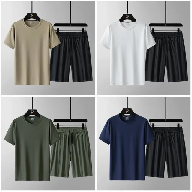 【米蘭精品】現貨+預購 男休閒套裝短袖褲裝夏季速乾透氣寬鬆運動套裝健身服兩件套(男裝7色t1lg66)