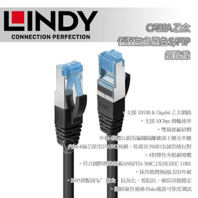 【LINDY 林帝】LINDY 林帝 CAT.6A 乙太 低煙無鹵 網路線 S/FTP 黑色 0.3m 47175
