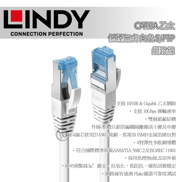 【LINDY 林帝】LINDY 林帝 CAT.6A 乙太 低煙無鹵 網路線 S/FTP 白色 3m 47195