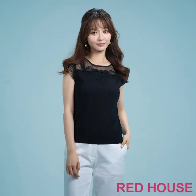 【RED HOUSE 蕾赫斯】花朵蕾絲網紗無袖針織衫(共2色)