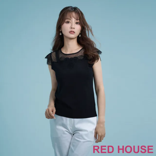 【RED HOUSE 蕾赫斯】花朵蕾絲網紗無袖針織衫(共2色)