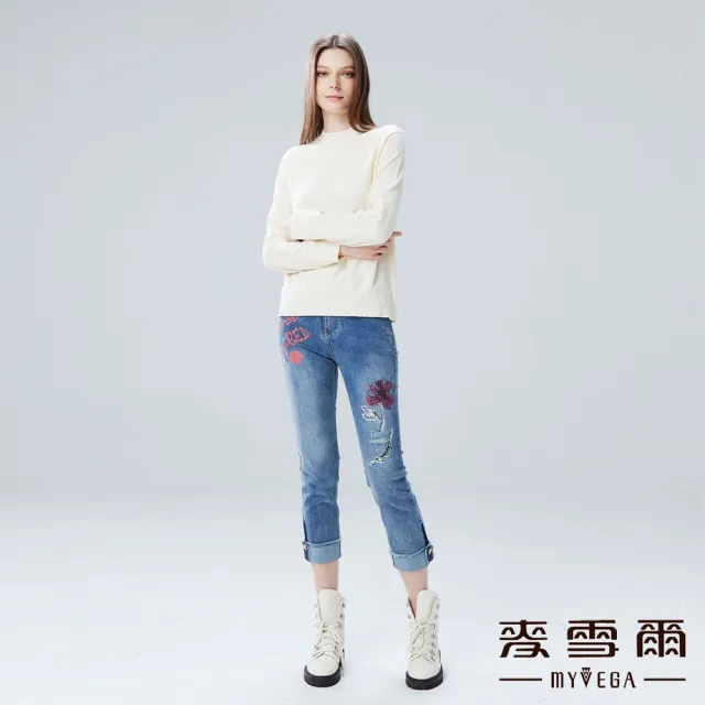 【MYVEGA 麥雪爾】字母印花反摺褲管刷色丹寧牛仔褲-藍