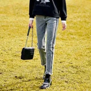 【MYVEGA 麥雪爾】棉質不收邊抽鬚水洗丹寧牛仔套裝九分褲-灰