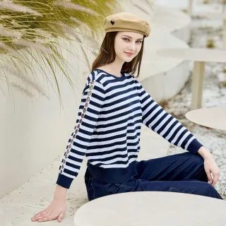 【MYVEGA 麥雪爾】純棉撞色橫紋簍空針織上衣-深藍