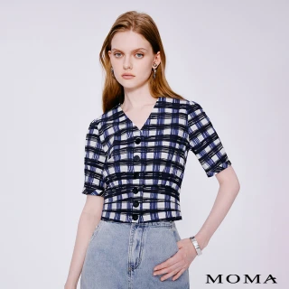 【MOMA】撞色格紋線條感純棉縮腰泡泡袖微短版上衣(黑底花布)