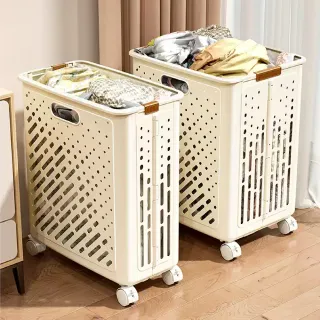 【Ashley House】簡物大容量摺疊式附輪洗衣籃-中號 收納筐(收納籃 髒衣籃 摺疊籃)