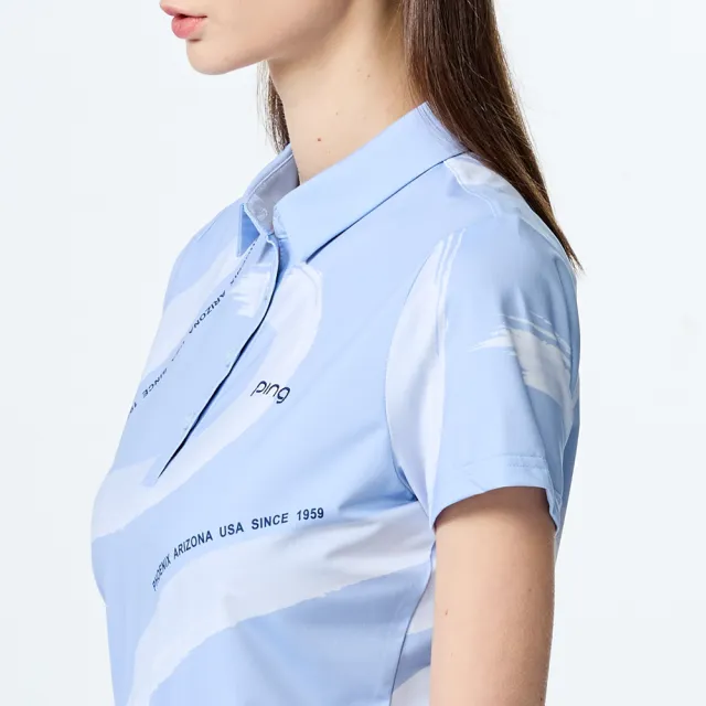 【PING】女款水彩筆刷涼感高爾夫短袖POLO衫-藍(吸濕排汗/GOLF/高爾夫球衫/RA25113-53)
