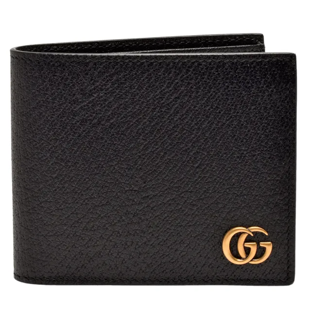 【GUCCI 古馳】經典GG Marmont系列復古金屬G LOGO壓紋牛皮折疊短夾(黑-12卡435303-DJ20T-1000)