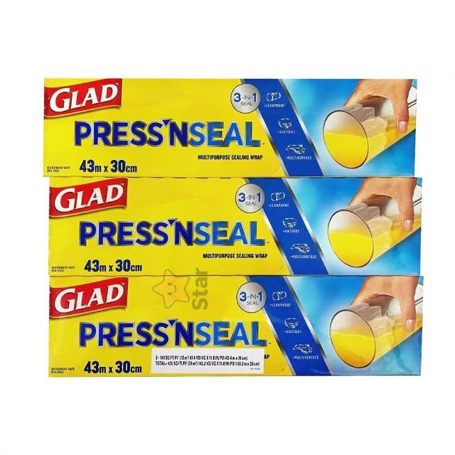 【Star 星】Glad Press’n Seal 強力保鮮膜 3入每捲30公分x43.4公尺(每捲 長43.4公尺 X 寬30公分共3捲)