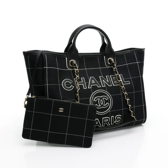 【CHANEL 香奈兒】DEAUVILLE皮革字母LOGO 帆布縫線格紋鏈帶手提包/斜背包(黑/大型)