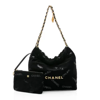 【CHANEL 香奈兒】22系列金色LOGO Handbag 天鵝絨亮片肩背包(黑/金)『entrupy安心購』