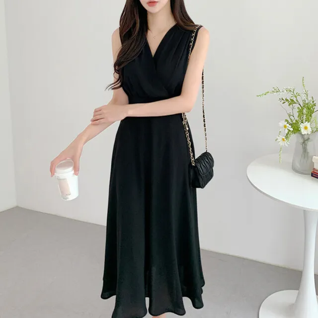 【baibeauty 白鳥麗子】法式優雅交叉抓摺綁帶收腰V領無袖洋裝(連身裙)