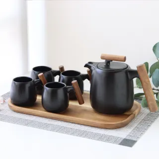 【Just Home】侘寂墨韻陶瓷茶具6件禮盒組-1壺4杯+托盤(茶具組 茶壺茶杯組 日式茶具 茶壺組合)