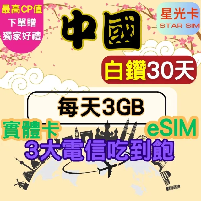 【Star SIM 星光卡】白鑽中國 內地蒙古西藏青海海南島免翻牆30天每天3GB 高速 無限量 吃到飽(實體卡  eSIM)