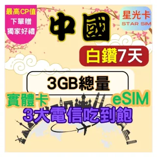 【Star SIM 星光卡】白鑽中國 內地蒙古西藏青海海南島免翻牆7天3GB總量 高速 無限量 吃到飽(實體卡  eSIM)