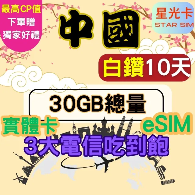 【Star SIM 星光卡】白鑽中國 內地蒙古西藏青海海南島免翻牆10天30GB總量 高速 無限量 吃到飽(實體卡 eSIM)