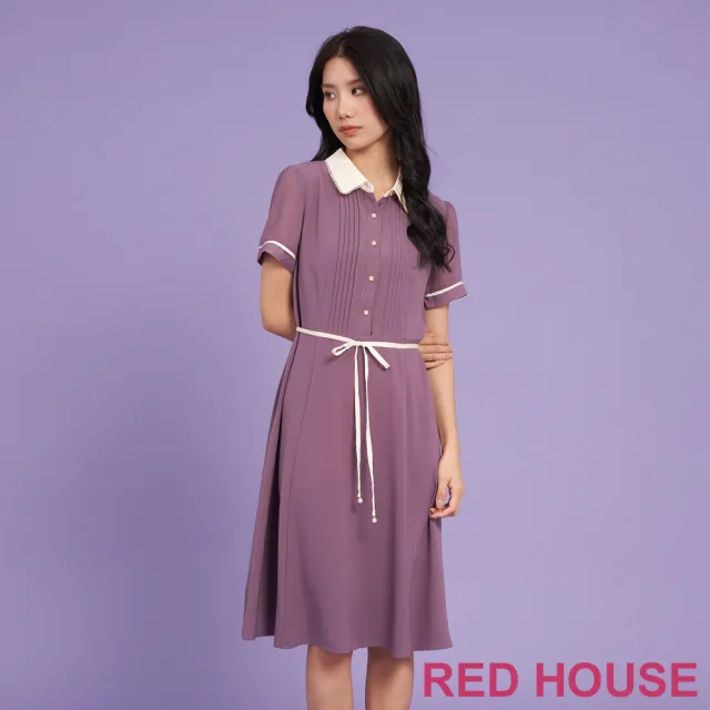 【RED HOUSE 蕾赫斯】簡約壓褶門襟綁帶洋裝(共2色)